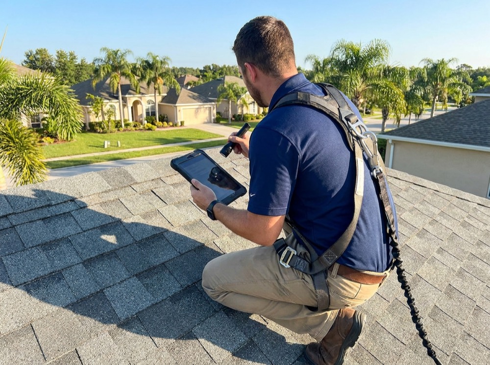 Roofing inspector examining a shingle roof in a Florida neighborhood